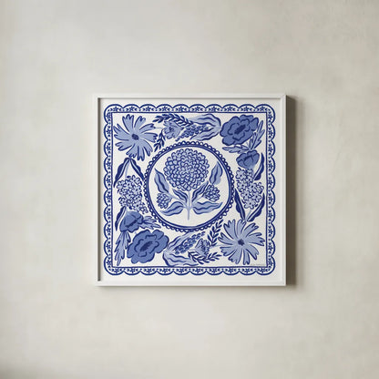 Blue Reverie VI by Laura Marshall. Shown in a crisp white glass frame for a clean and minimalist style. Available as an archival giclee rolled canvas, fine art paper, or poster print. SKU 96787a.