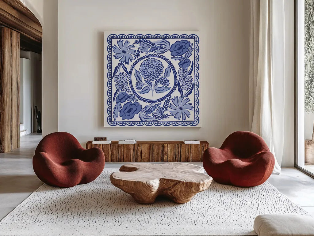 Blue Reverie VI by Laura Marshall. Shown as extra-large giant wall art in a modern living room. Available as an archival giclee rolled canvas, fine art paper, or poster print. SKU 96787a.