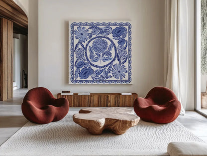 Blue Reverie VI by Laura Marshall. Shown as extra-large giant wall art in a modern living room. Available as an archival giclee rolled canvas, fine art paper, or poster print. SKU 96787a.