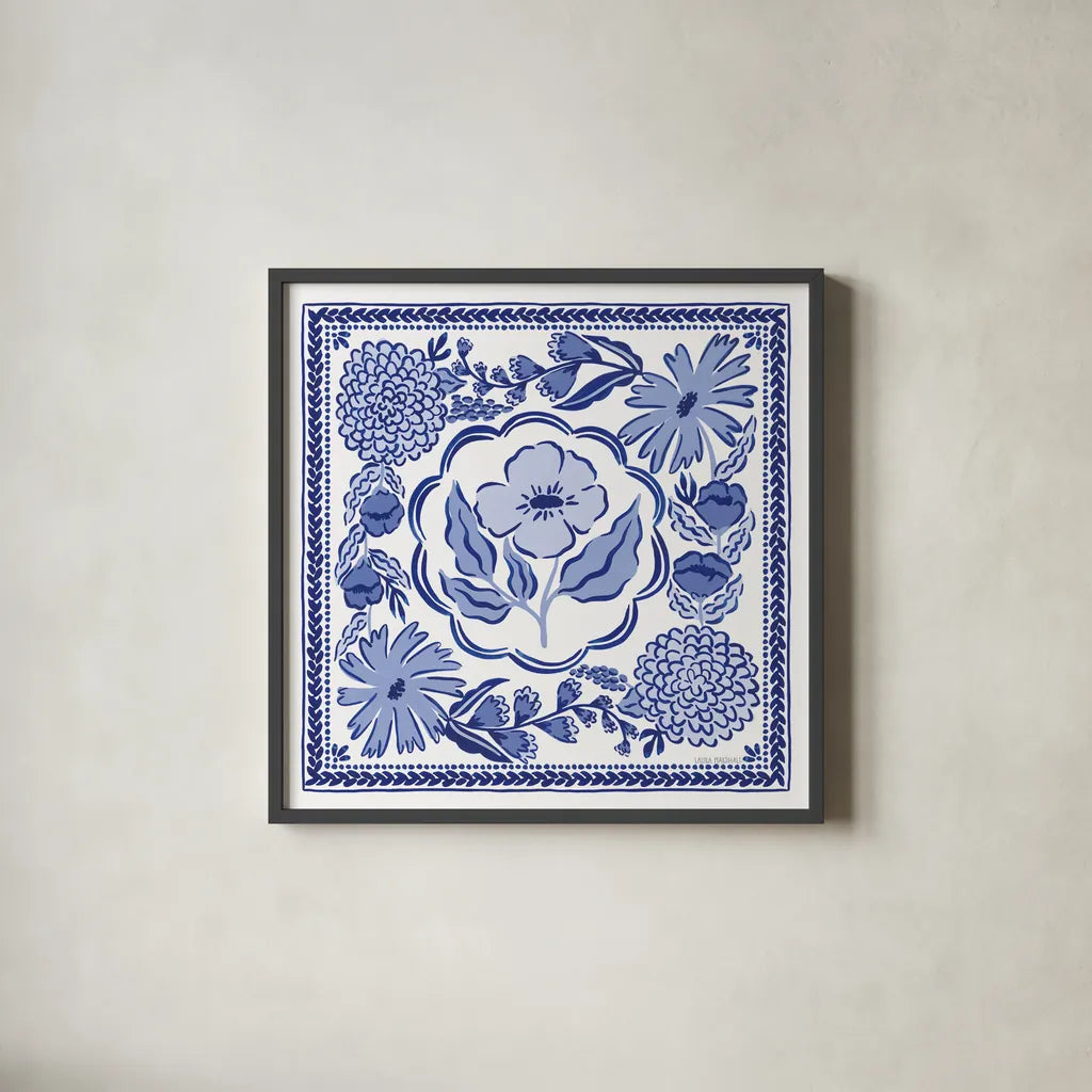 Blue Reverie VII by Laura Marshall. Shown in a sleek black glass frame for a contemporary gallery look. Available as an archival giclee rolled canvas, fine art paper, or poster print. SKU 96788a.