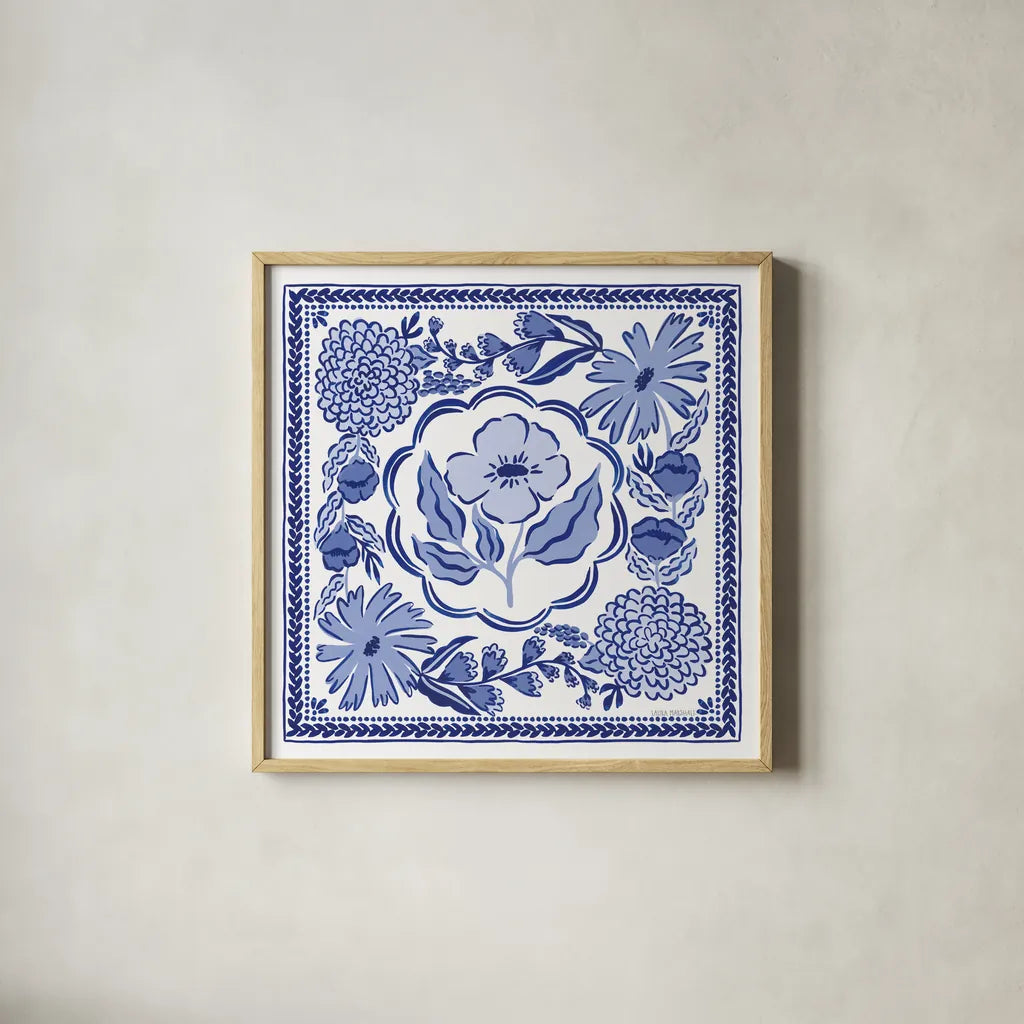 Blue Reverie VII by Laura Marshall. Shown in a natural wood glass frame for a timeless modern aesthetic. Available as an archival giclee rolled canvas, fine art paper, or poster print. SKU 96788a.