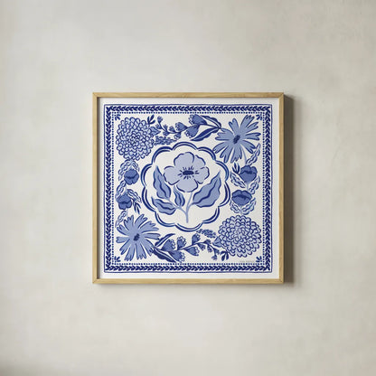 Blue Reverie VII by Laura Marshall. Shown in a natural wood glass frame for a timeless modern aesthetic. Available as an archival giclee rolled canvas, fine art paper, or poster print. SKU 96788a.