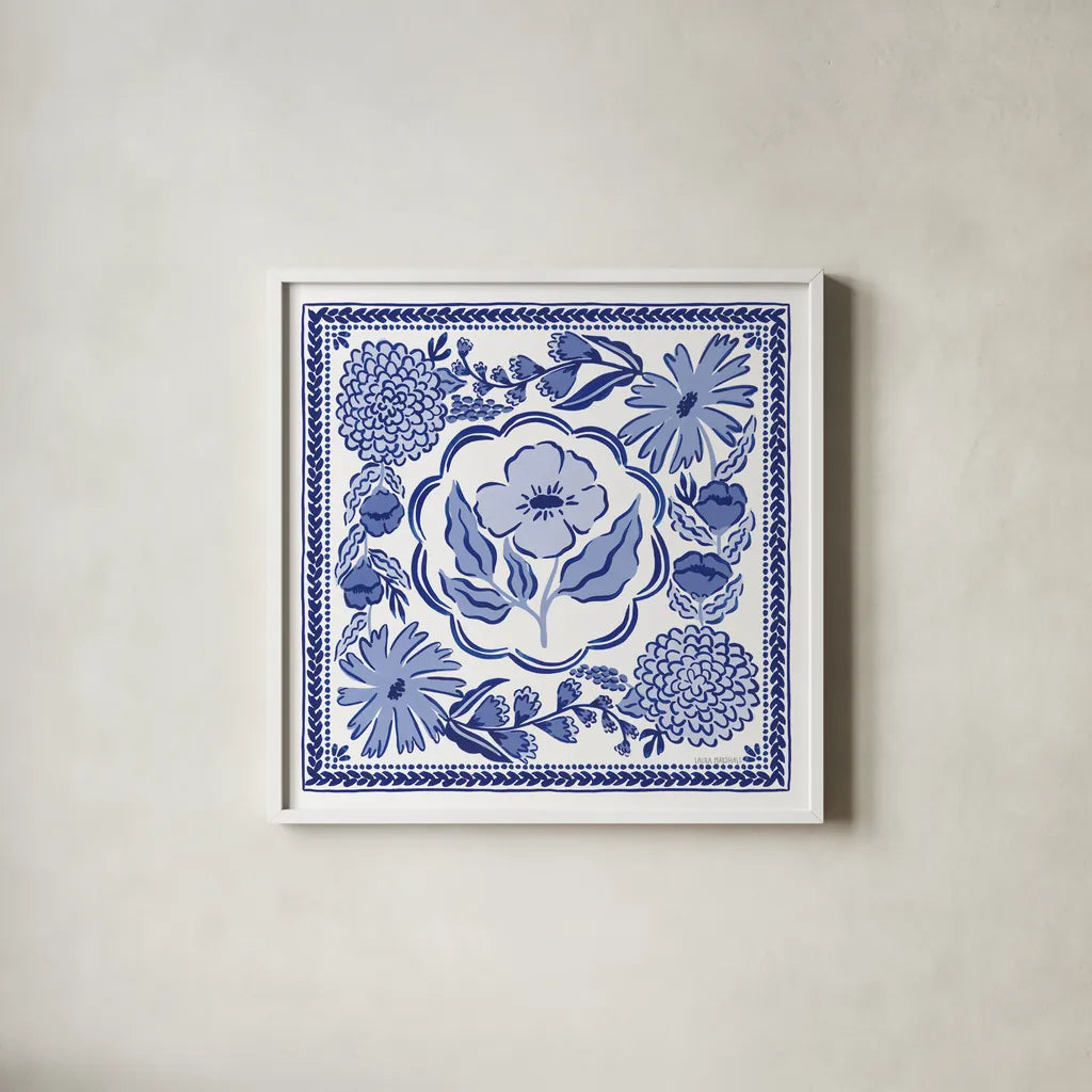 Blue Reverie VII by Laura Marshall. Shown in a crisp white glass frame for a clean and minimalist style. Available as an archival giclee rolled canvas, fine art paper, or poster print. SKU 96788a.