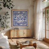 Blue Reverie VII by Laura Marshall. Shown in a natural wood frame in a cozy modern living room. Available as an archival giclee rolled canvas, fine art paper, or poster print. SKU 96788a.