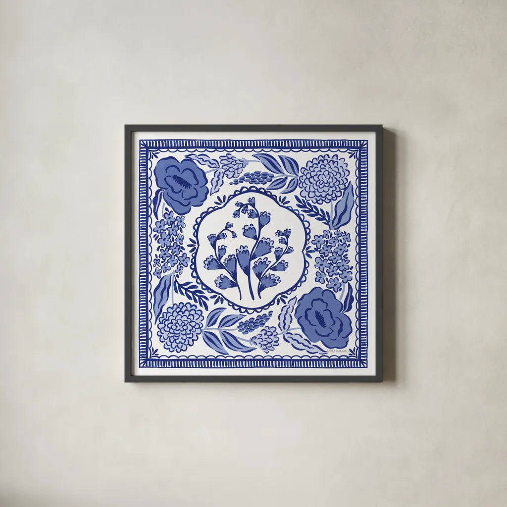 Blue Reverie VIII by Laura Marshall. Shown in a sleek black glass frame for a contemporary gallery look. Available as an archival giclee rolled canvas, fine art paper, or poster print. SKU 96789a.