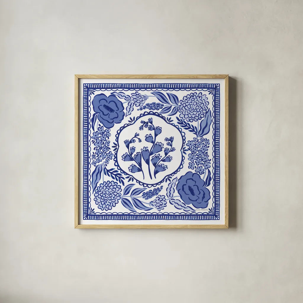 Blue Reverie VIII by Laura Marshall. Shown in a natural wood glass frame for a timeless modern aesthetic. Available as an archival giclee rolled canvas, fine art paper, or poster print. SKU 96789a.