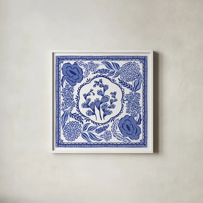 Blue Reverie VIII by Laura Marshall. Shown in a crisp white glass frame for a clean and minimalist style. Available as an archival giclee rolled canvas, fine art paper, or poster print. SKU 96789a.