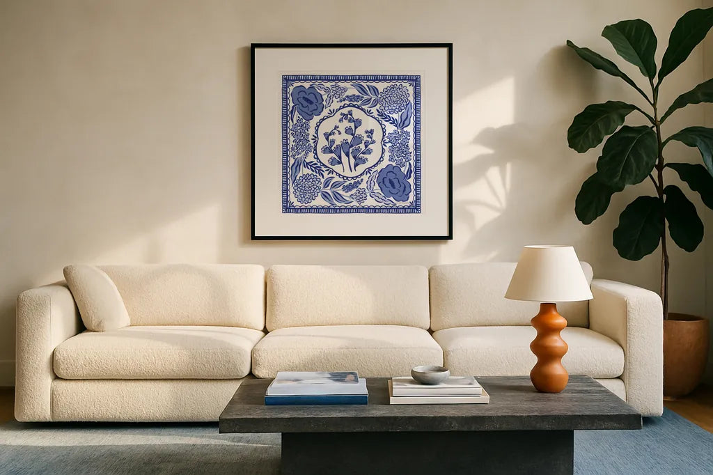 Blue Reverie VIII by Laura Marshall. Displayed in a glass frame with matte in a clean modern living room. Available as an archival giclee rolled canvas, fine art paper, or poster print. SKU 96789a.