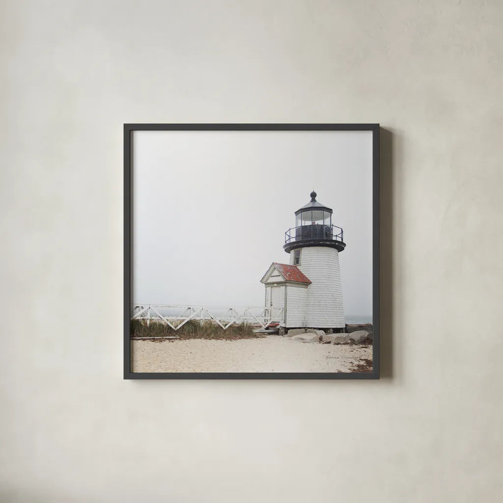 Brant Point Light by Laura Marshall. Shown in a sleek black glass frame for a contemporary gallery look. Available as an archival giclee rolled canvas, fine art paper, or poster print. SKU 38772a.