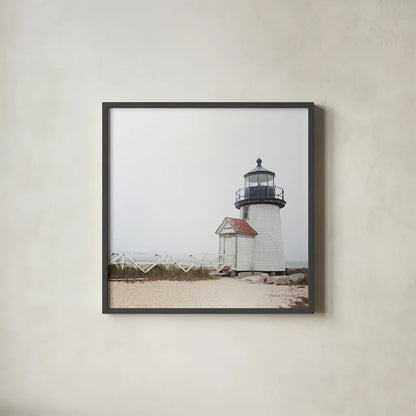 Brant Point Light by Laura Marshall. Shown in a sleek black glass frame for a contemporary gallery look. Available as an archival giclee rolled canvas, fine art paper, or poster print. SKU 38772a.