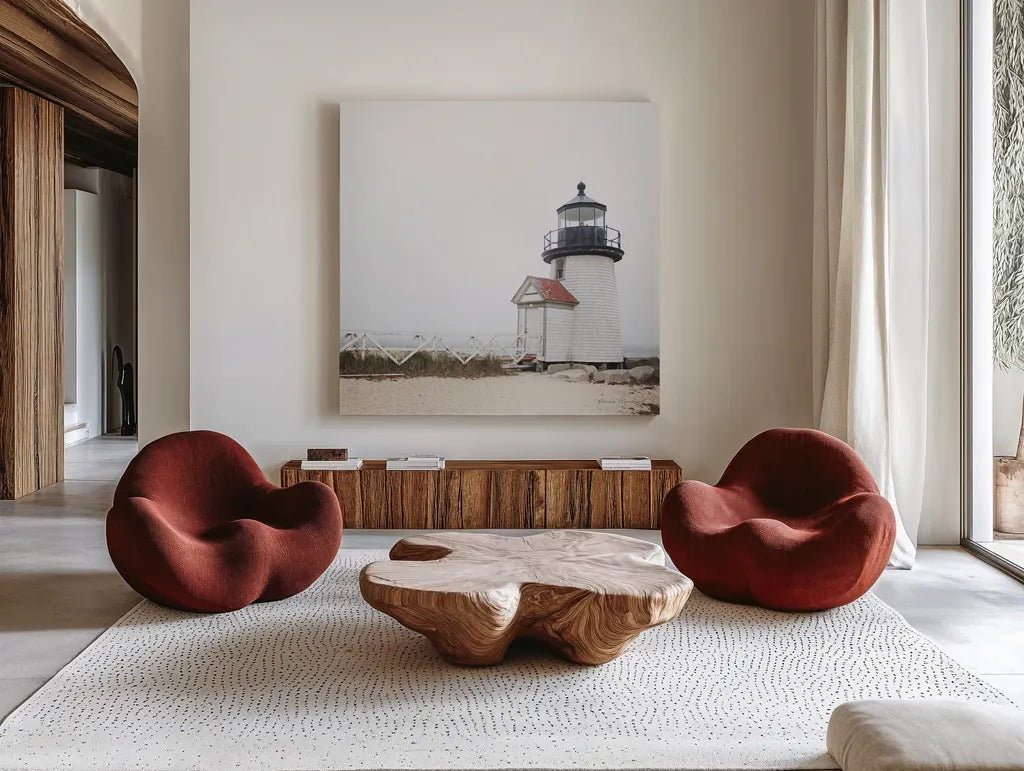 Brant Point Light by Laura Marshall. Shown as extra-large giant wall art in a modern living room. Available as an archival giclee rolled canvas, fine art paper, or poster print. SKU 38772a.