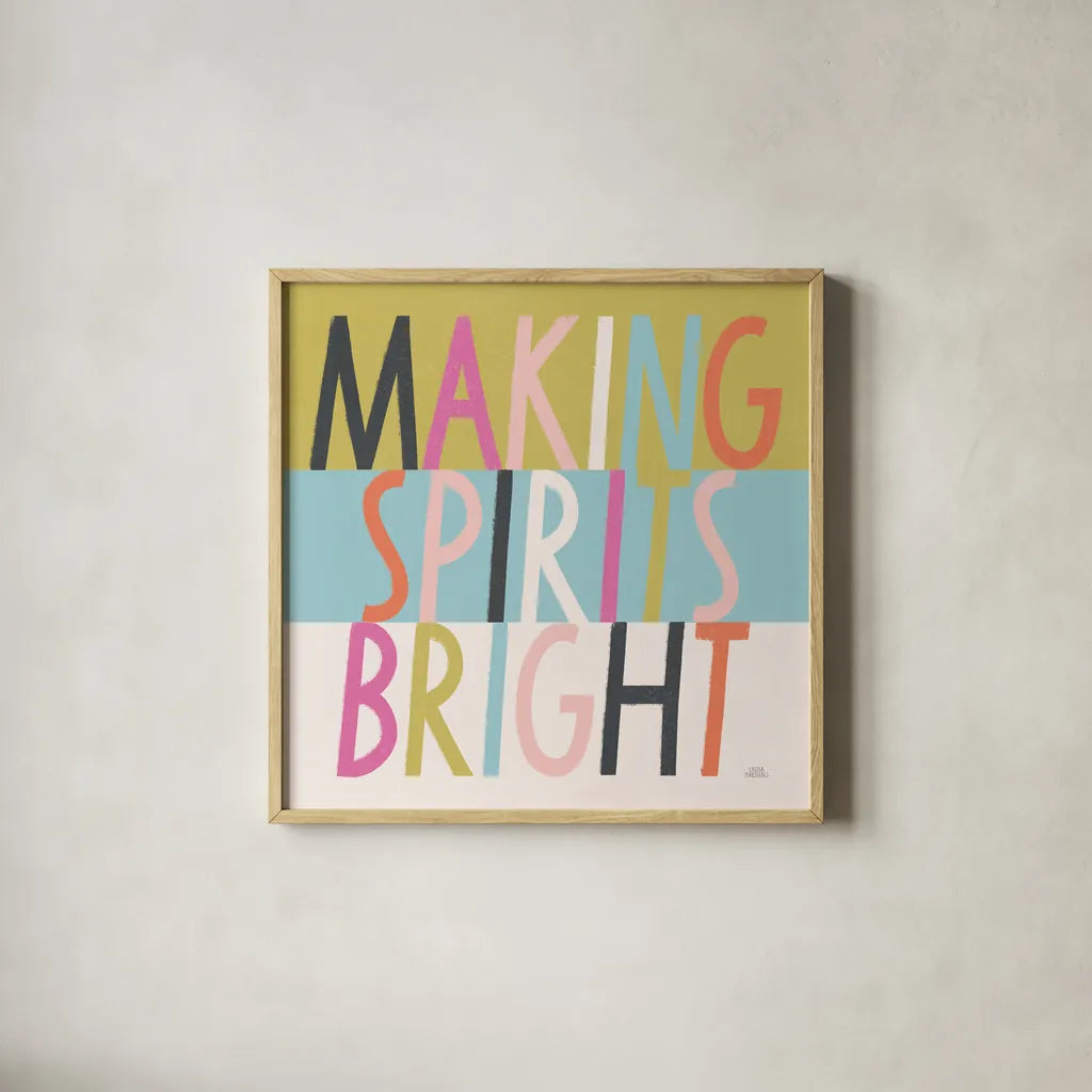 Bright Christmas Wishes I by Laura Marshall. Shown in a natural wood glass frame for a timeless modern aesthetic. Available as an archival giclee rolled canvas, fine art paper, or poster print. SKU 65937a.