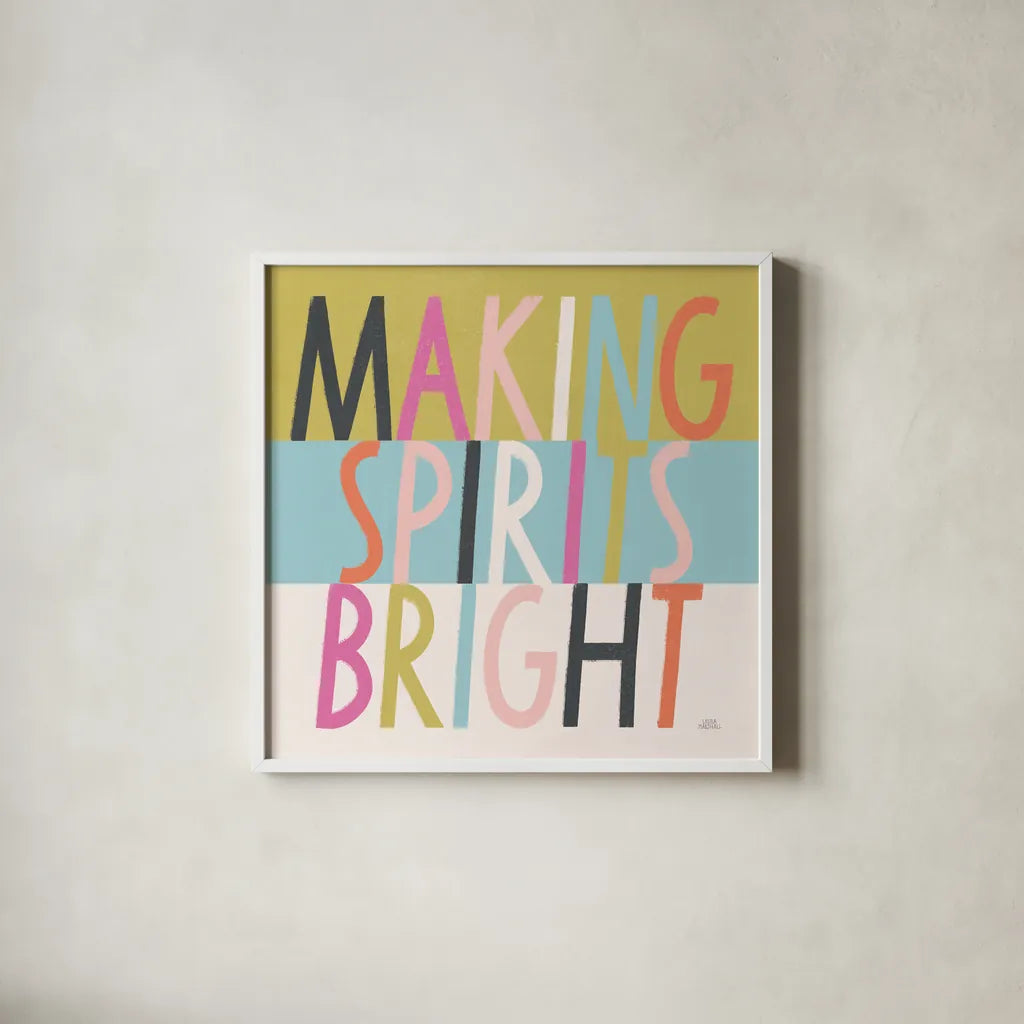 Bright Christmas Wishes I by Laura Marshall. Shown in a crisp white glass frame for a clean and minimalist style. Available as an archival giclee rolled canvas, fine art paper, or poster print. SKU 65937a.