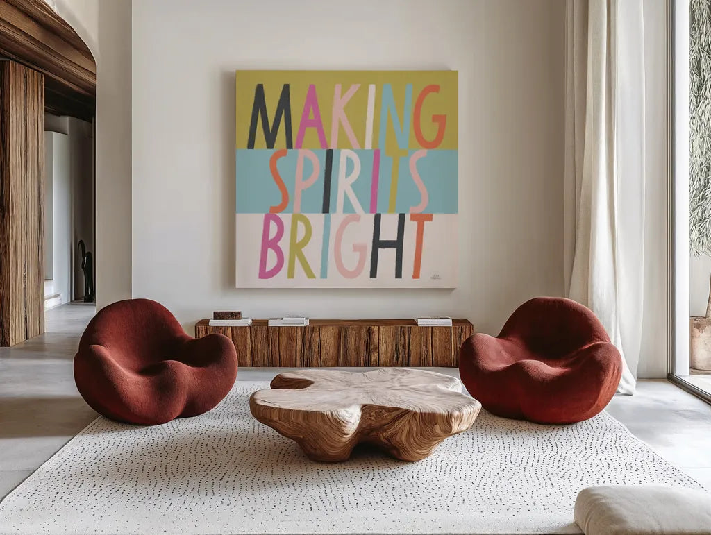 Bright Christmas Wishes I by Laura Marshall. Shown as extra-large giant wall art in a modern living room. Available as an archival giclee rolled canvas, fine art paper, or poster print. SKU 65937a.