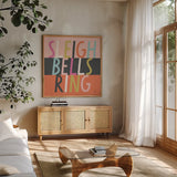 Bright Christmas Wishes II by Laura Marshall. Shown in a natural wood frame in a cozy modern living room. Available as an archival giclee rolled canvas, fine art paper, or poster print. SKU 65938a.