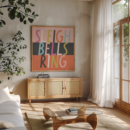 Bright Christmas Wishes II by Laura Marshall. Shown in a natural wood frame in a cozy modern living room. Available as an archival giclee rolled canvas, fine art paper, or poster print. SKU 65938a.