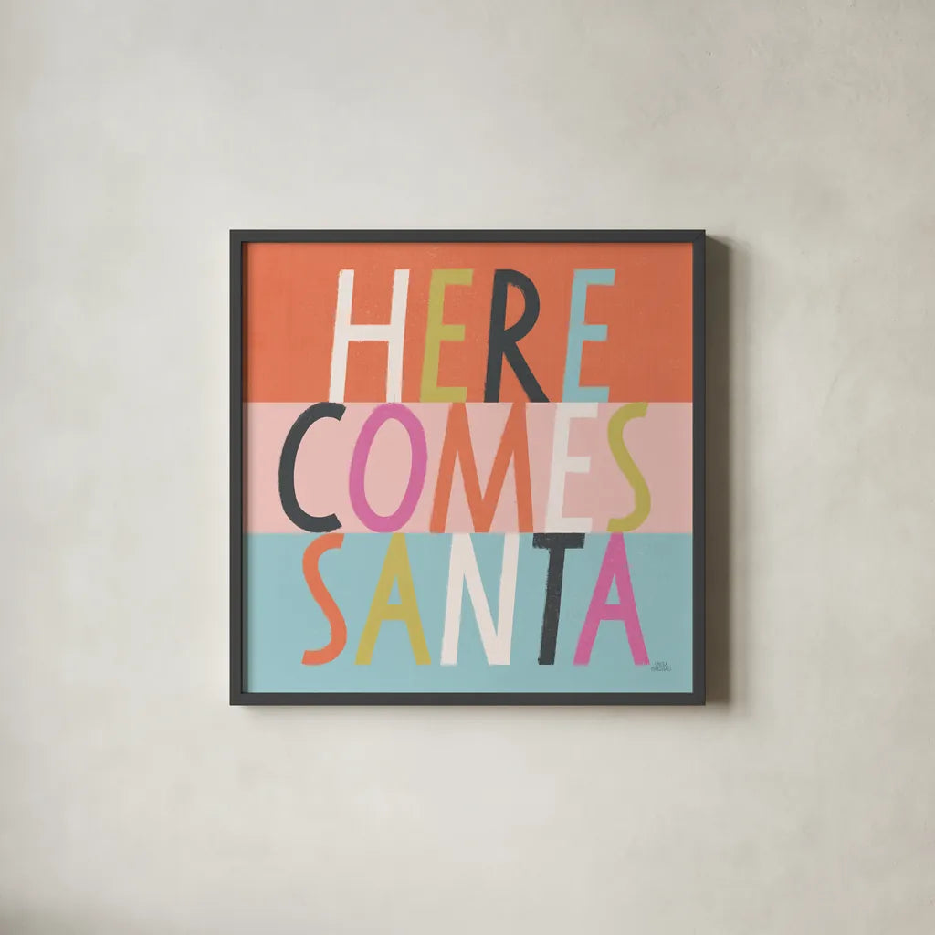 Bright Christmas Wishes III by Laura Marshall. Shown in a sleek black glass frame for a contemporary gallery look. Available as an archival giclee rolled canvas, fine art paper, or poster print. SKU 65939a.