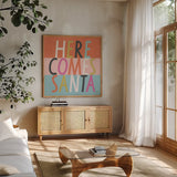 Bright Christmas Wishes III by Laura Marshall. Shown in a natural wood frame in a cozy modern living room. Available as an archival giclee rolled canvas, fine art paper, or poster print. SKU 65939a.
