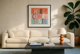 Bright Christmas Wishes III by Laura Marshall. Displayed in a glass frame with matte in a clean modern living room. Available as an archival giclee rolled canvas, fine art paper, or poster print. SKU 65939a.