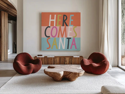 Bright Christmas Wishes III by Laura Marshall. Shown as extra-large giant wall art in a modern living room. Available as an archival giclee rolled canvas, fine art paper, or poster print. SKU 65939a.