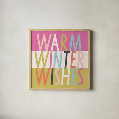 Bright Christmas Wishes IV by Laura Marshall. Shown in a natural wood glass frame for a timeless modern aesthetic. Available as an archival giclee rolled canvas, fine art paper, or poster print. SKU 65940a.