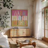 Bright Christmas Wishes IV by Laura Marshall. Shown in a natural wood frame in a cozy modern living room. Available as an archival giclee rolled canvas, fine art paper, or poster print. SKU 65940a.