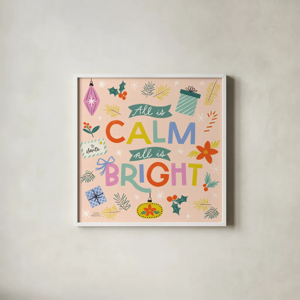 Bright Tidings II by Laura Marshall. Shown in a crisp white glass frame for a clean and minimalist style. Available as an archival giclee rolled canvas, fine art paper, or poster print. SKU 101739a.