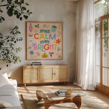 Bright Tidings II by Laura Marshall. Shown in a natural wood frame in a cozy modern living room. Available as an archival giclee rolled canvas, fine art paper, or poster print. SKU 101739a.
