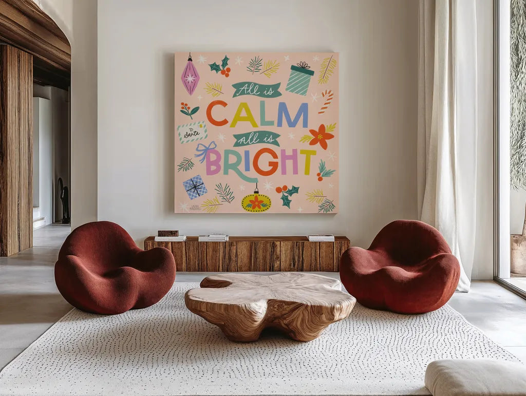 Bright Tidings II by Laura Marshall. Shown as extra-large giant wall art in a modern living room. Available as an archival giclee rolled canvas, fine art paper, or poster print. SKU 101739a.