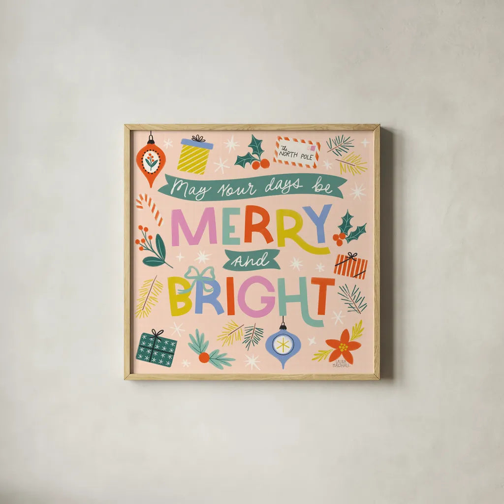 Bright Tidings V by Laura Marshall. Shown in a natural wood glass frame for a timeless modern aesthetic. Available as an archival giclee rolled canvas, fine art paper, or poster print. SKU 101742a.