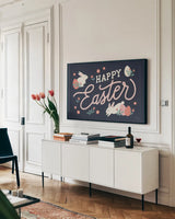 Bunny Kisses I by Laura Marshall. shown as a framed stretched canvas in a living room above a console. Available as a archival giclee rolled canvas, fine art paper, or poster print. SKU 72164i.