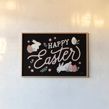 Bunny Kisses I Black by Laura Marshall. shown as a paper print in a natural frame. Available as a archival giclee rolled canvas, fine art paper, or poster print. SKU 81702i.