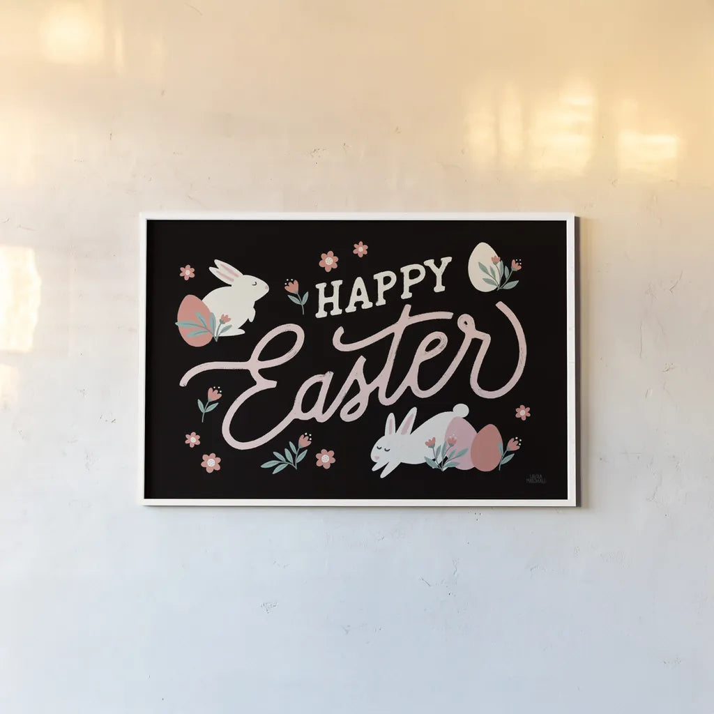 Bunny Kisses I Black by Laura Marshall. shown as a paper print in a white frame. Available as a archival giclee rolled canvas, fine art paper, or poster print. SKU 81702i.