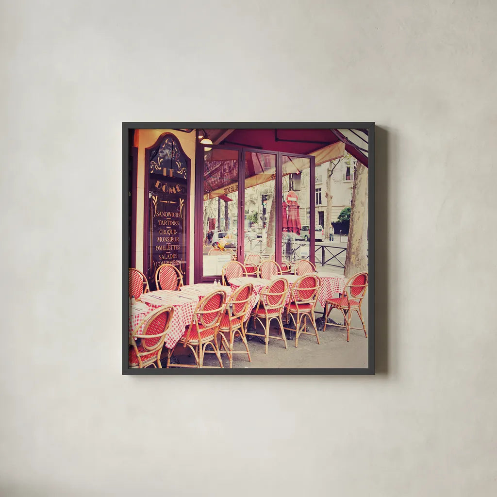 CafÃ© le DÃ´me by Laura Marshall. Shown in a sleek black glass frame for a contemporary gallery look. Available as an archival giclee rolled canvas, fine art paper, or poster print. SKU 21919a.