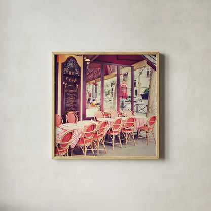CafÃ© le DÃ´me by Laura Marshall. Shown in a natural wood glass frame for a timeless modern aesthetic. Available as an archival giclee rolled canvas, fine art paper, or poster print. SKU 21919a.