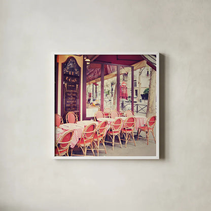 CafÃ© le DÃ´me by Laura Marshall. Shown in a crisp white glass frame for a clean and minimalist style. Available as an archival giclee rolled canvas, fine art paper, or poster print. SKU 21919a.