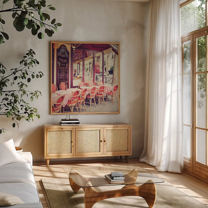 CafÃ© le DÃ´me by Laura Marshall. Shown in a natural wood frame in a cozy modern living room. Available as an archival giclee rolled canvas, fine art paper, or poster print. SKU 21919a.