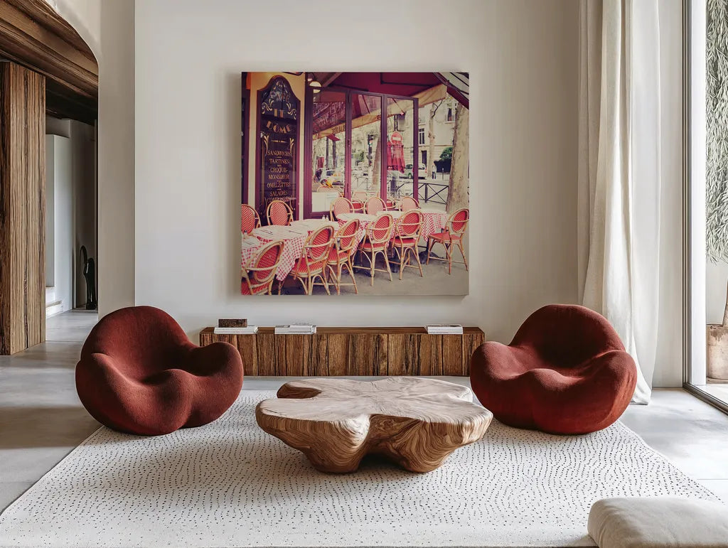 CafÃ© le DÃ´me by Laura Marshall. Shown as extra-large giant wall art in a modern living room. Available as an archival giclee rolled canvas, fine art paper, or poster print. SKU 21919a.