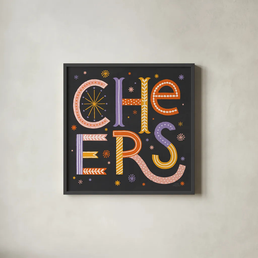 Celebrations II Dark by Laura Marshall. Shown in a sleek black glass frame for a contemporary gallery look. Available as an archival giclee rolled canvas, fine art paper, or poster print. SKU 85354a.