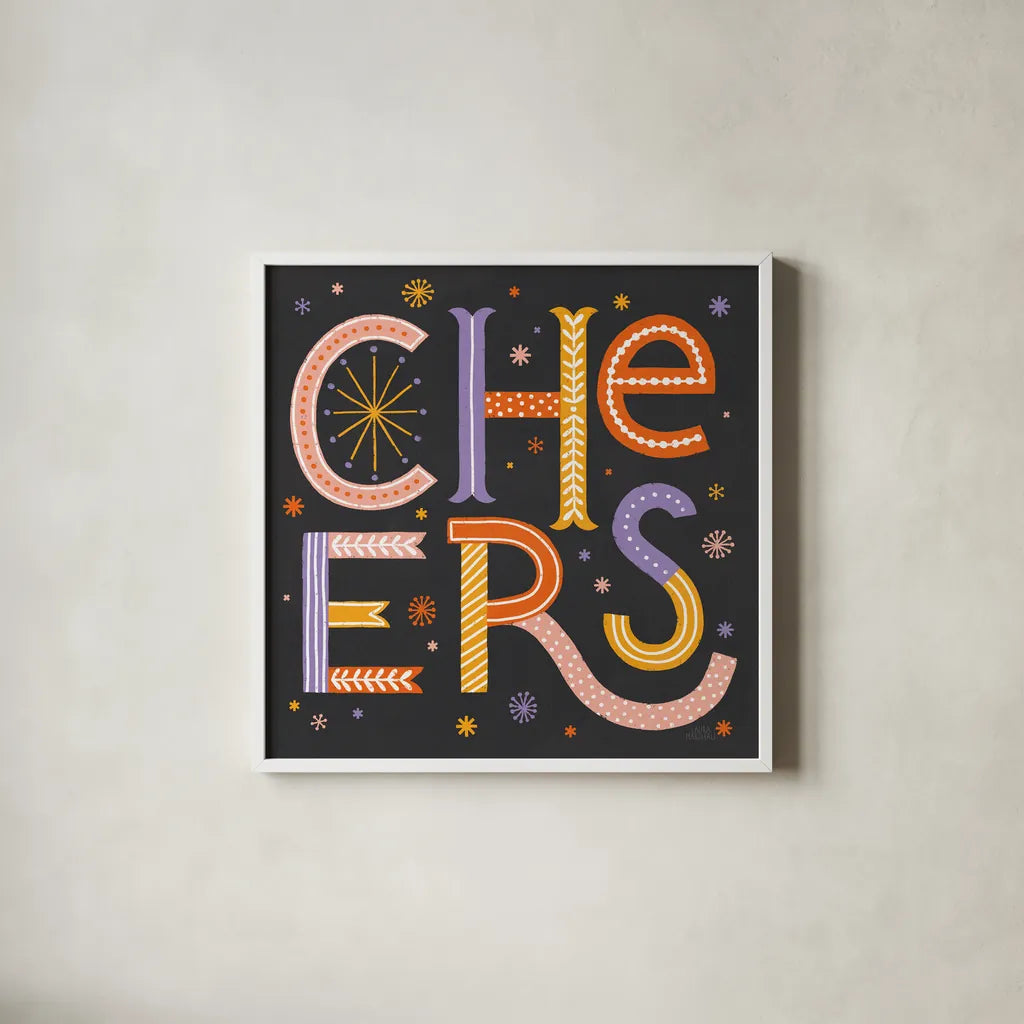 Celebrations II Dark by Laura Marshall. Shown in a crisp white glass frame for a clean and minimalist style. Available as an archival giclee rolled canvas, fine art paper, or poster print. SKU 85354a.