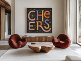 Celebrations II Dark by Laura Marshall. Shown as extra-large giant wall art in a modern living room. Available as an archival giclee rolled canvas, fine art paper, or poster print. SKU 85354a.