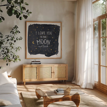 Celestial Love I Sq by Laura Marshall. Shown in a natural wood frame in a cozy modern living room. Available as an archival giclee rolled canvas, fine art paper, or poster print. SKU 55619a.