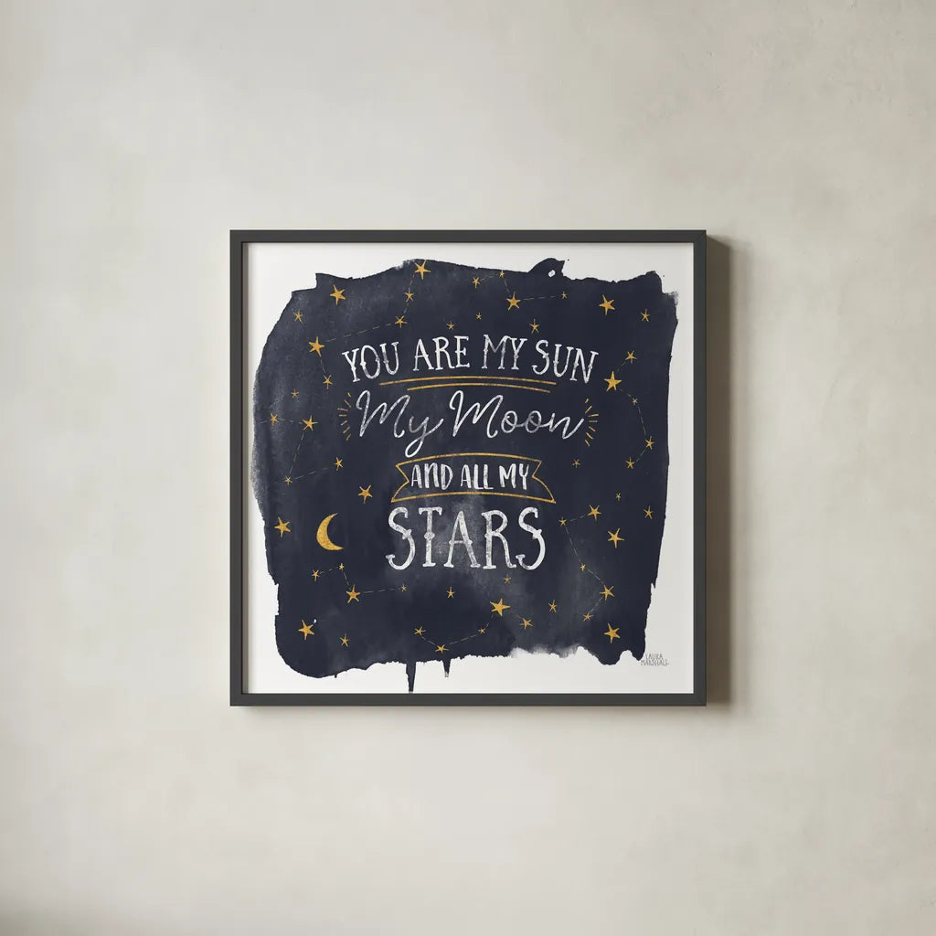 Celestial Love IV Sq by Laura Marshall. Shown in a sleek black glass frame for a contemporary gallery look. Available as an archival giclee rolled canvas, fine art paper, or poster print. SKU 55622a.