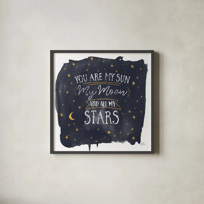 Celestial Love IV Sq by Laura Marshall. Shown in a sleek black glass frame for a contemporary gallery look. Available as an archival giclee rolled canvas, fine art paper, or poster print. SKU 55622a.