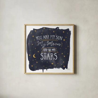 Celestial Love IV Sq by Laura Marshall. Shown in a natural wood glass frame for a timeless modern aesthetic. Available as an archival giclee rolled canvas, fine art paper, or poster print. SKU 55622a.