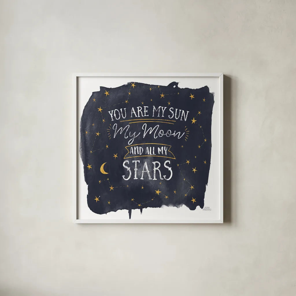 Celestial Love IV Sq by Laura Marshall. Shown in a crisp white glass frame for a clean and minimalist style. Available as an archival giclee rolled canvas, fine art paper, or poster print. SKU 55622a.