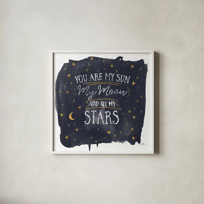 Celestial Love IV Sq by Laura Marshall. Shown in a crisp white glass frame for a clean and minimalist style. Available as an archival giclee rolled canvas, fine art paper, or poster print. SKU 55622a.