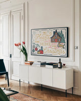 Christmas Adventures I by Laura Marshall. shown as a framed stretched canvas in a living room above a console. Available as a archival giclee rolled canvas, fine art paper, or poster print. SKU 60093i.