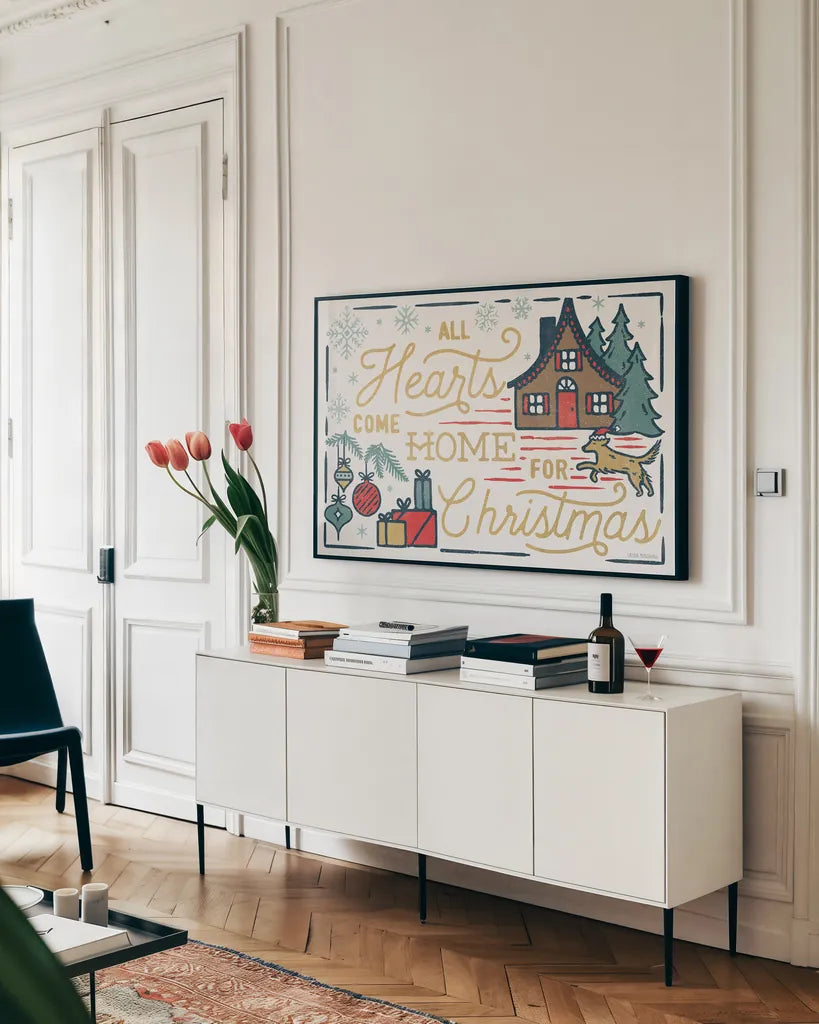 Christmas Adventures I by Laura Marshall. shown as a framed stretched canvas in a living room above a console. Available as a archival giclee rolled canvas, fine art paper, or poster print. SKU 60093i.