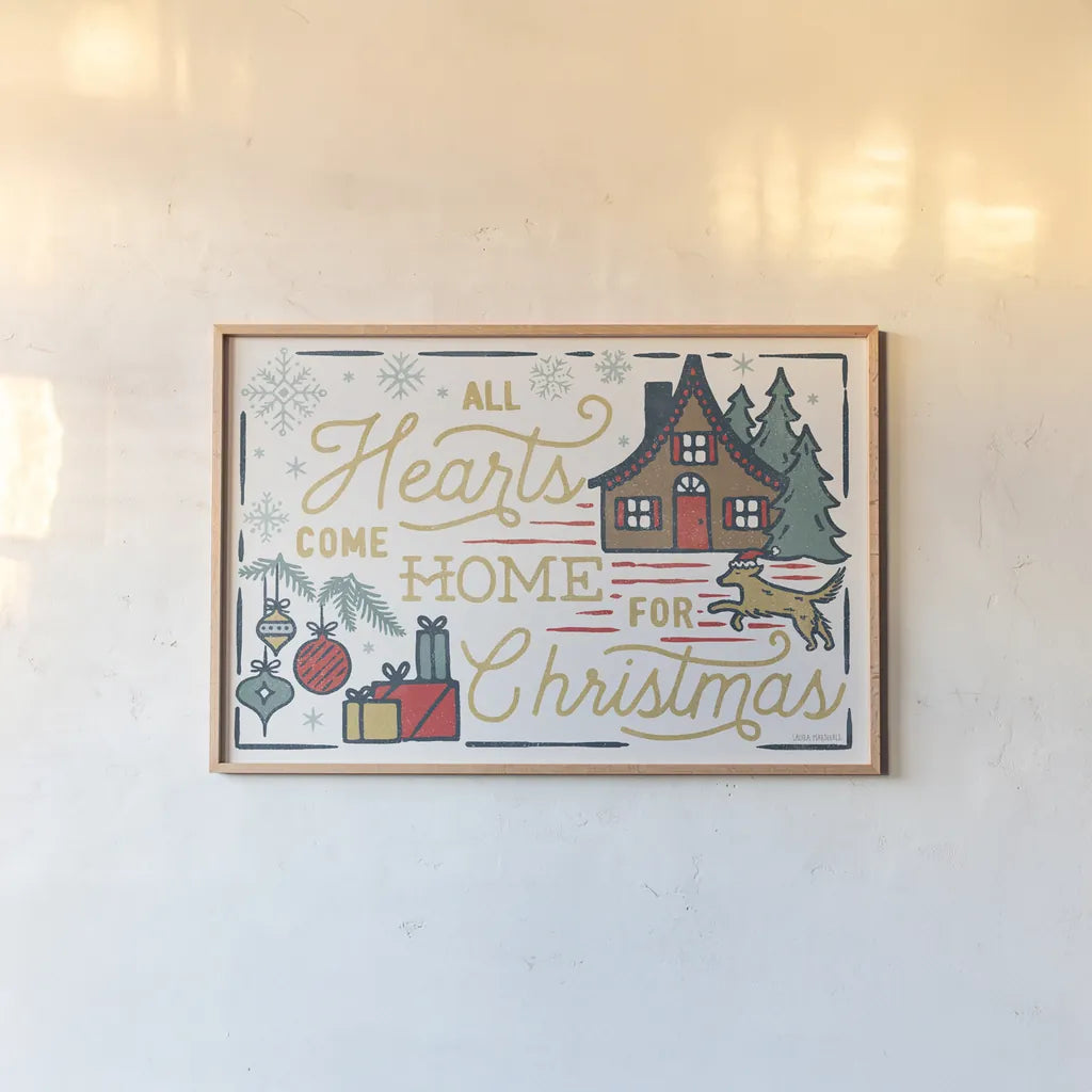 Christmas Adventures I by Laura Marshall. shown as a paper print in a natural frame. Available as a archival giclee rolled canvas, fine art paper, or poster print. SKU 60093i.